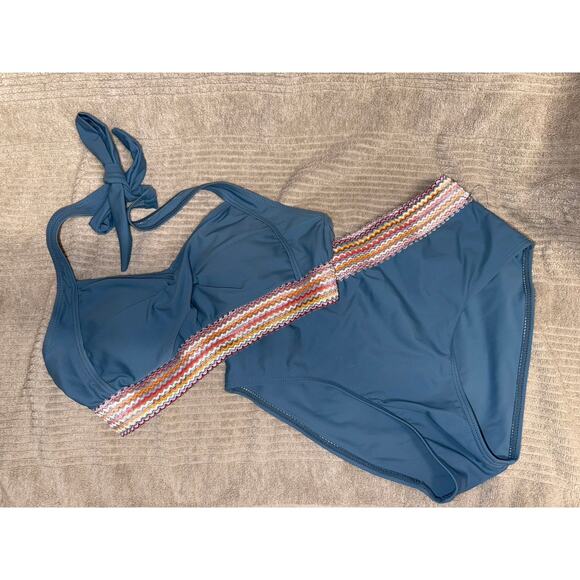 Teen Swimsuit Size 13-14 Blue Halter Neck Tie Contrast Woven Trim  2 Piece - Picture 2 of 6